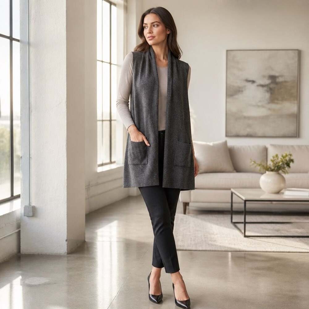 J'Envie New York Women's Gray Open Front Knit Cardigan Vest XL